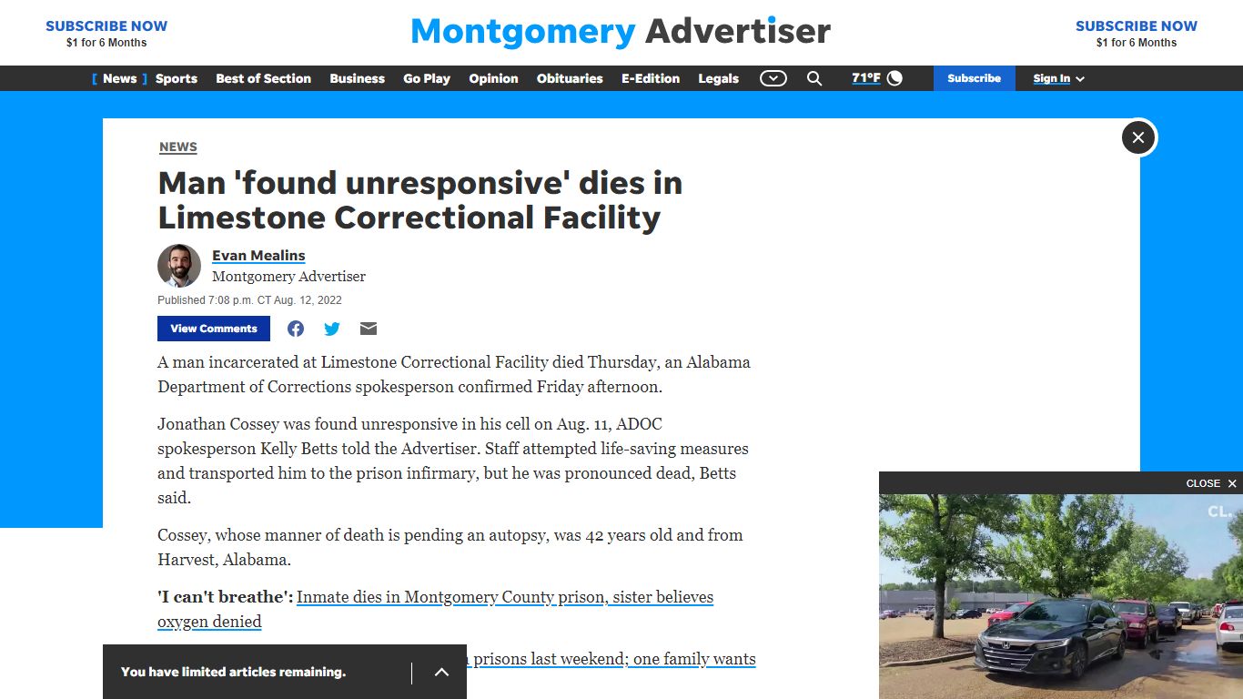 Inmate 'found unresponsive' dies in Limestone Correctional Facility